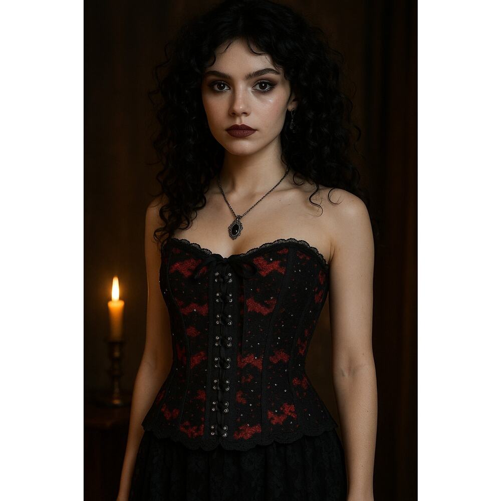 VTG Y2K Red Black Lace Rhinestone‎ Sequin Lace Up Corset Mesh Goth Burlesque XL